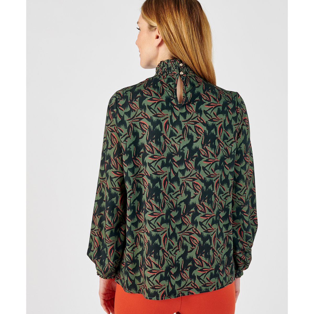 Blouse smockée pure viscose vert kaki feuillages, DAMART