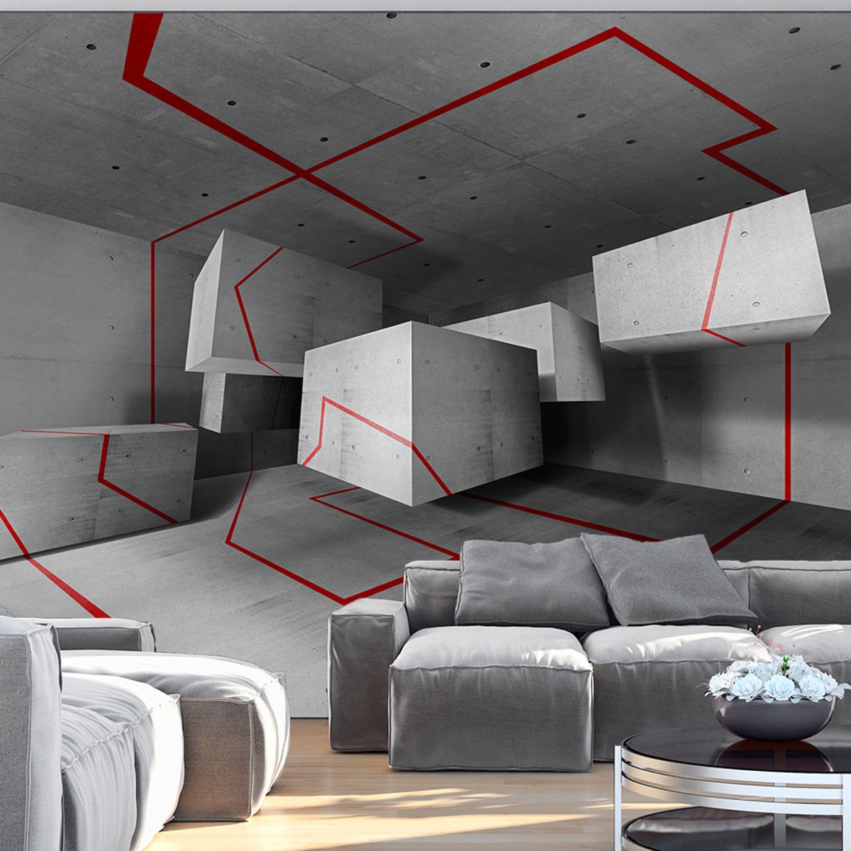 Papier peint intissé panoramique 3D et Perspective Red trail gris / argent, EDEN