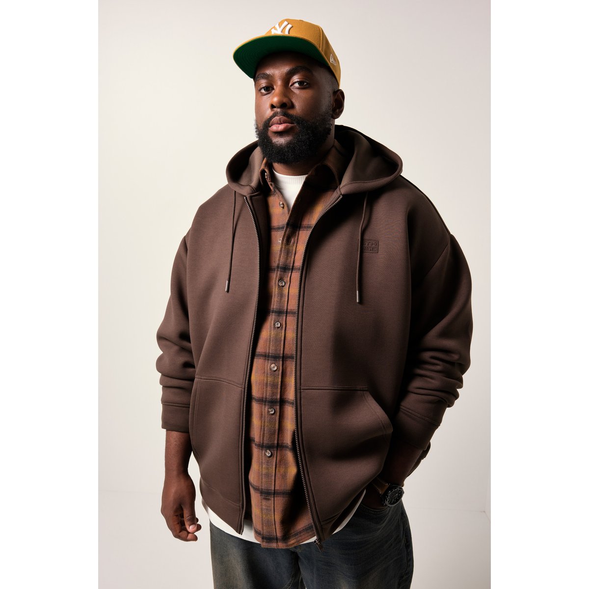 Veste à capuche, tissu scuba, poche kangourou marron foncé, STHUGE