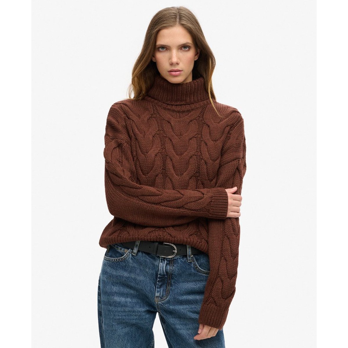 Pull polo en maille torsadée avec chaîne café chicorée marron twist, SUPERDRY