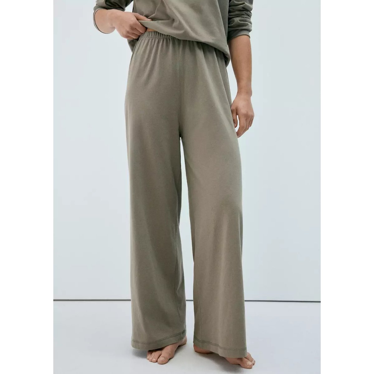 Pantalon droit en coton à finition douce vert, MANGO