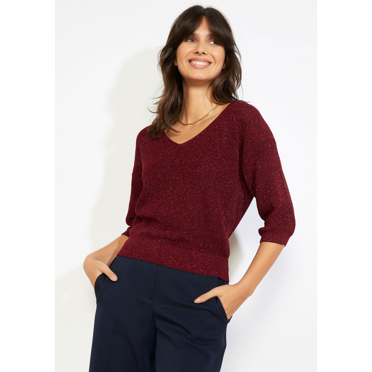 Pull brillant col V aubergine, LOLALIZA