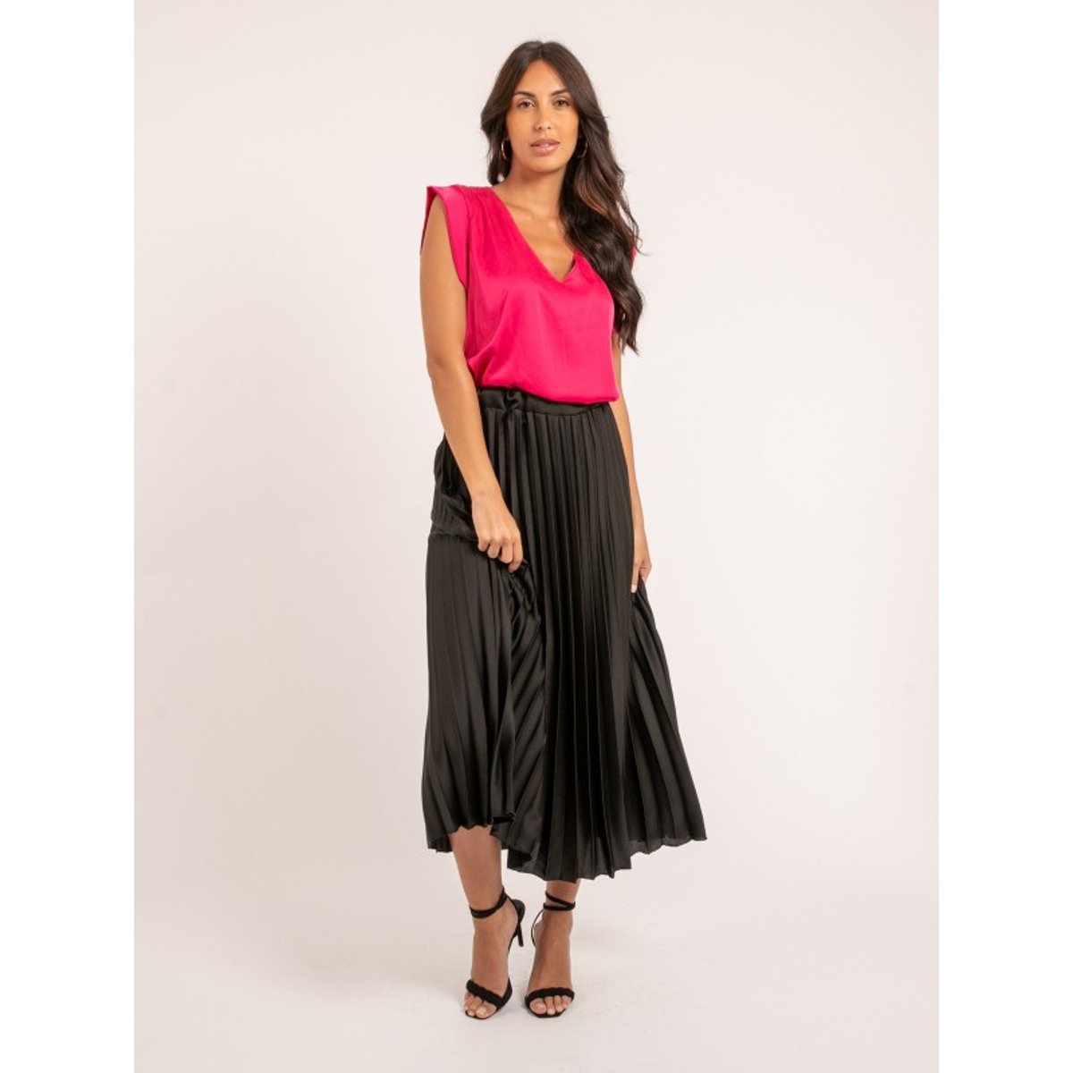 Jupe Longue Satin Plissée Xymma noir, DONA LISA