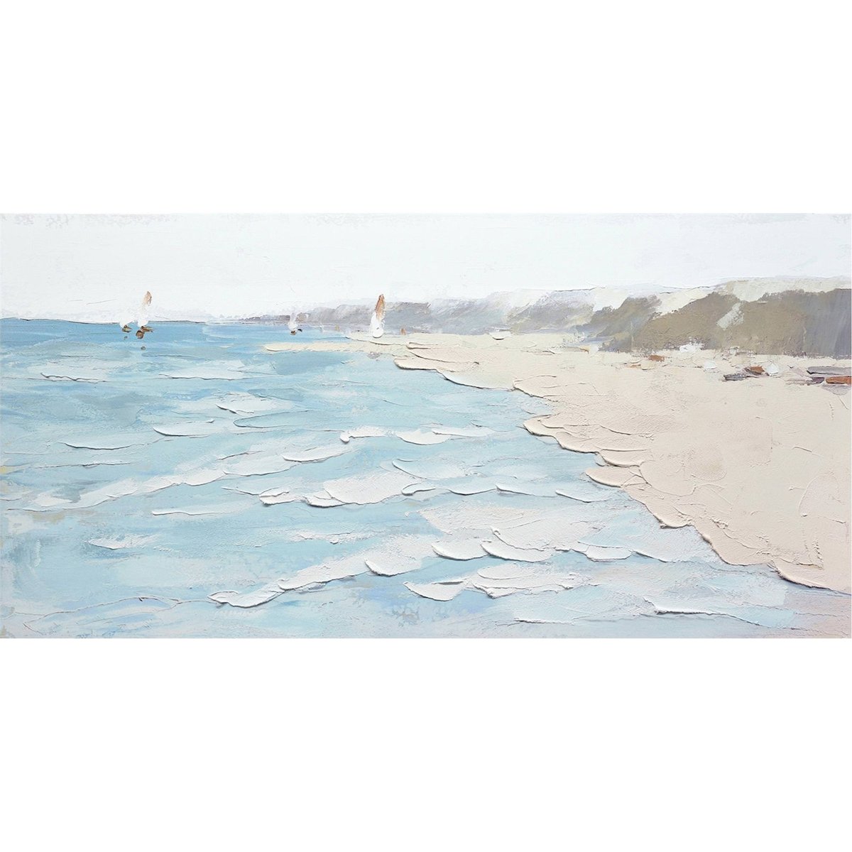 Tableau abstrait en toile, Paysage marin bleu océan beige sable blanc lumineux, RECOLLECTION