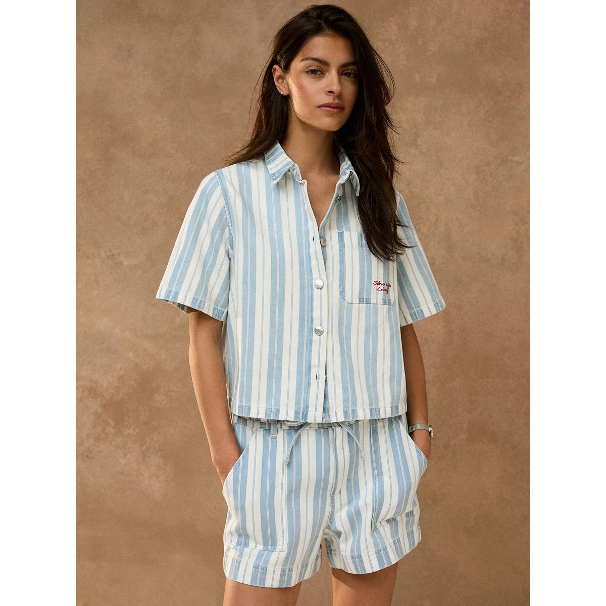 Chemise en jean à manches courtes rayé bleu/blanc, NEXT