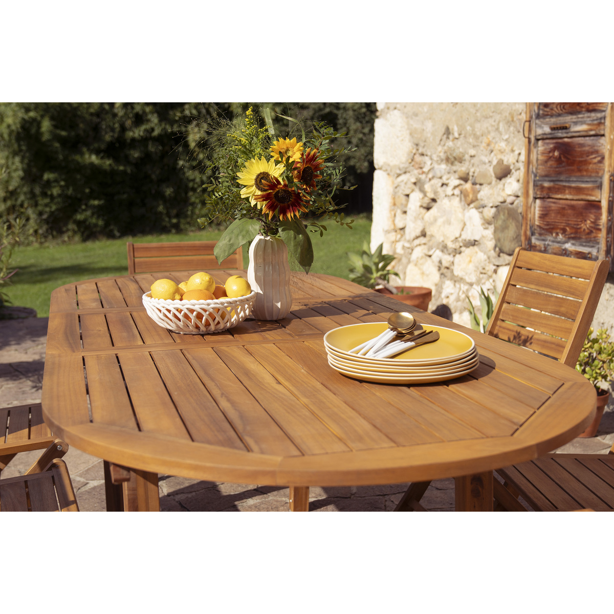 Table de jardin extensible rallonges intégrées en bois massif L160-210 cm MAYEL naturel, MILIBOO
