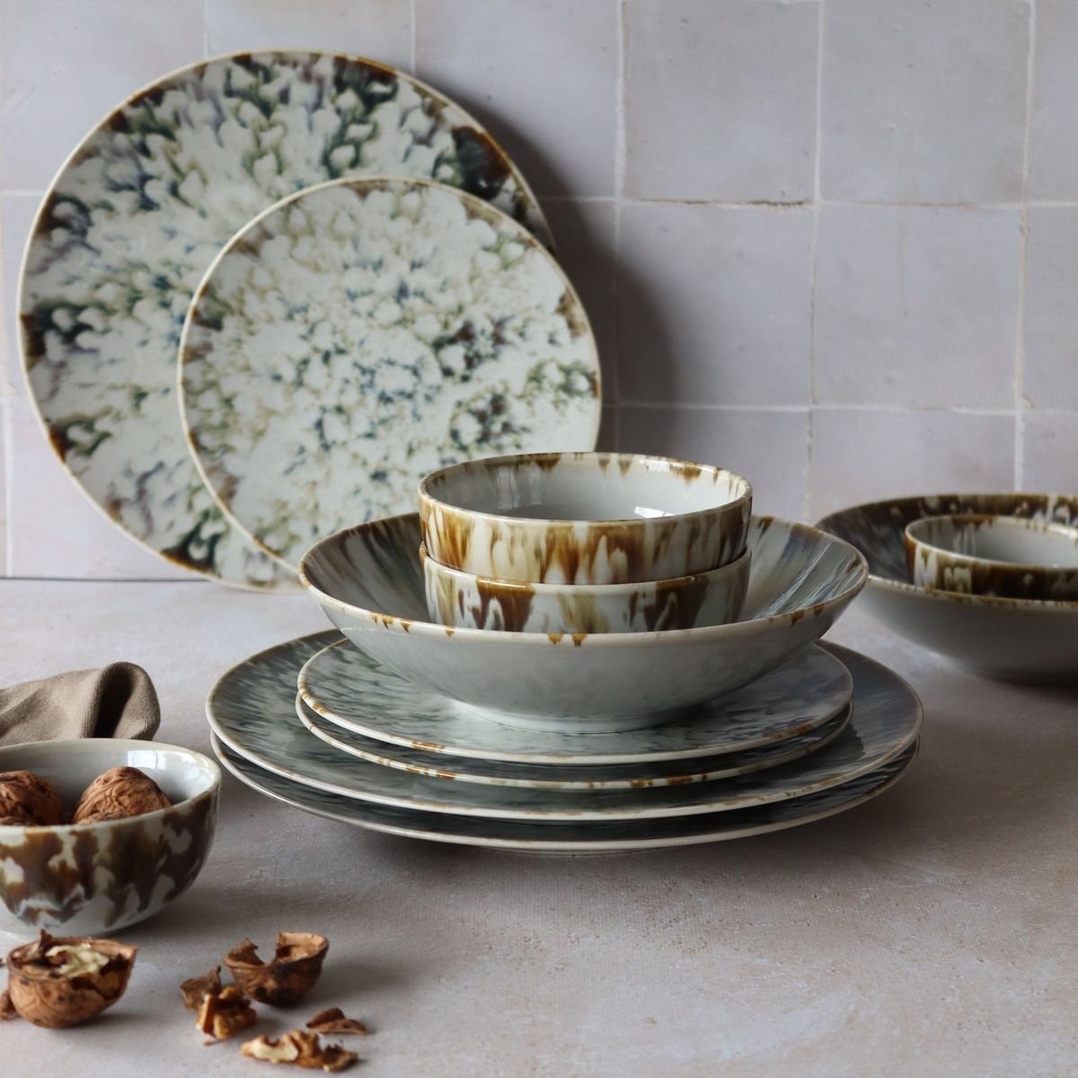 Lot de 6 assiettes creuses en porcelaine 21cm, MAKA blanc-bleu-vert, NOVASTYL