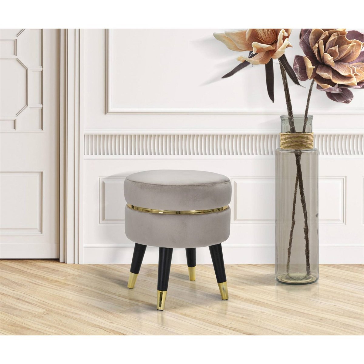 Tabouret capitonné pieds fuselés GLAM crème, noir et doré, RECOLLECTION