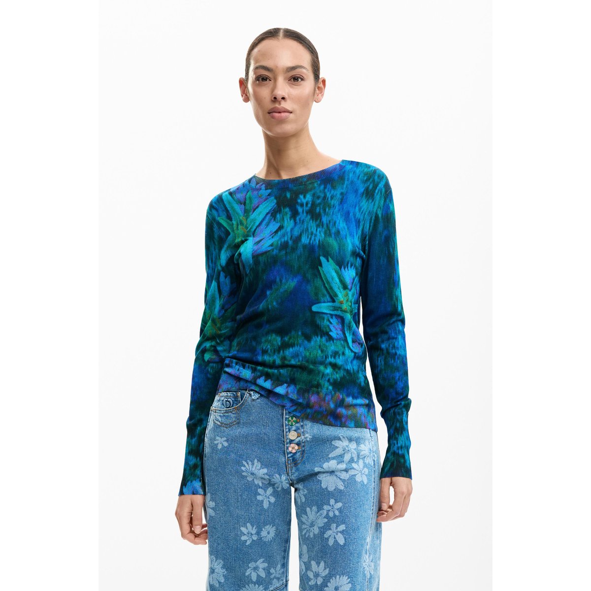 Pull fin jardin fleurs vert, DESIGUAL