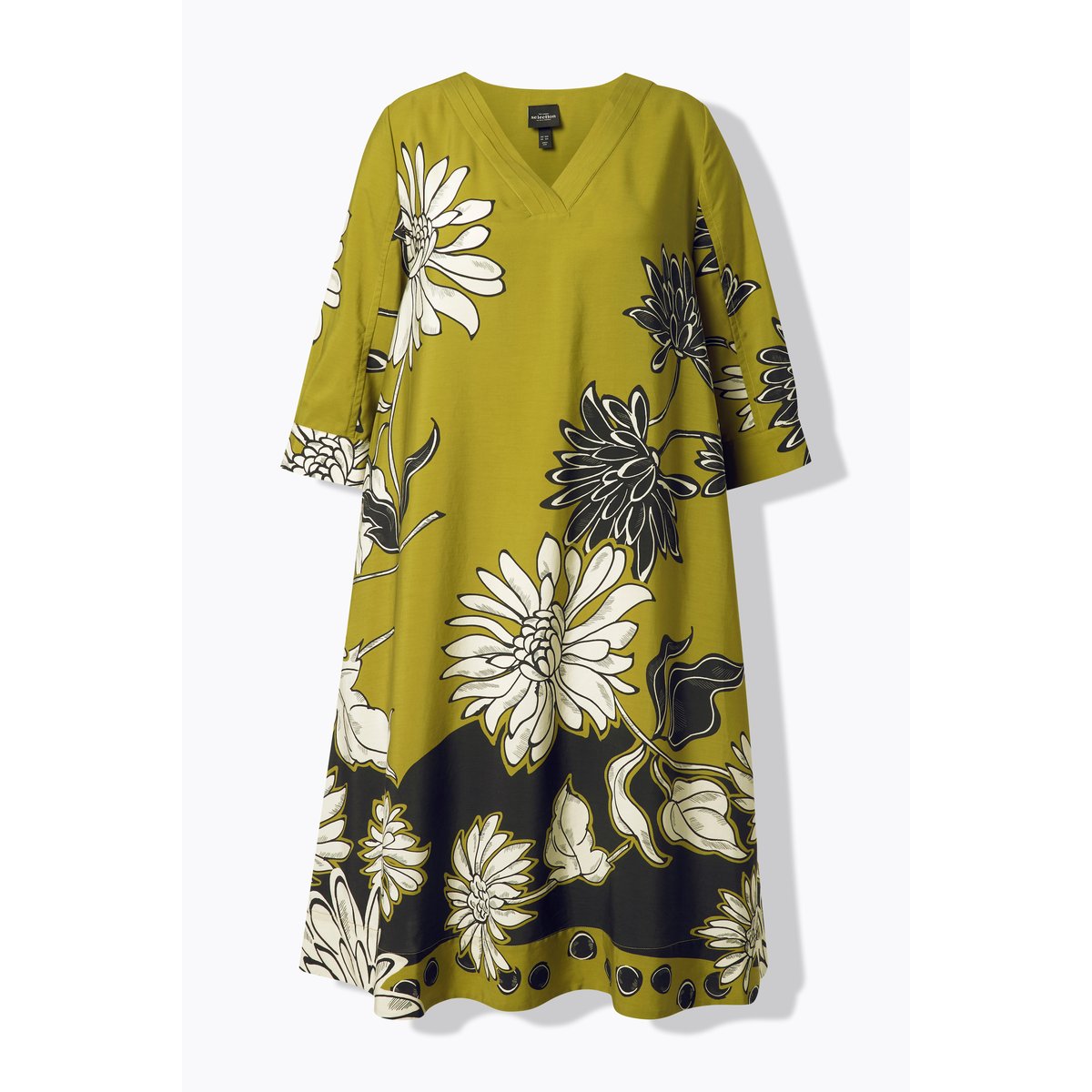 Robe midi en Lyocell, motif floral vert moutarde, ULLA POPKEN