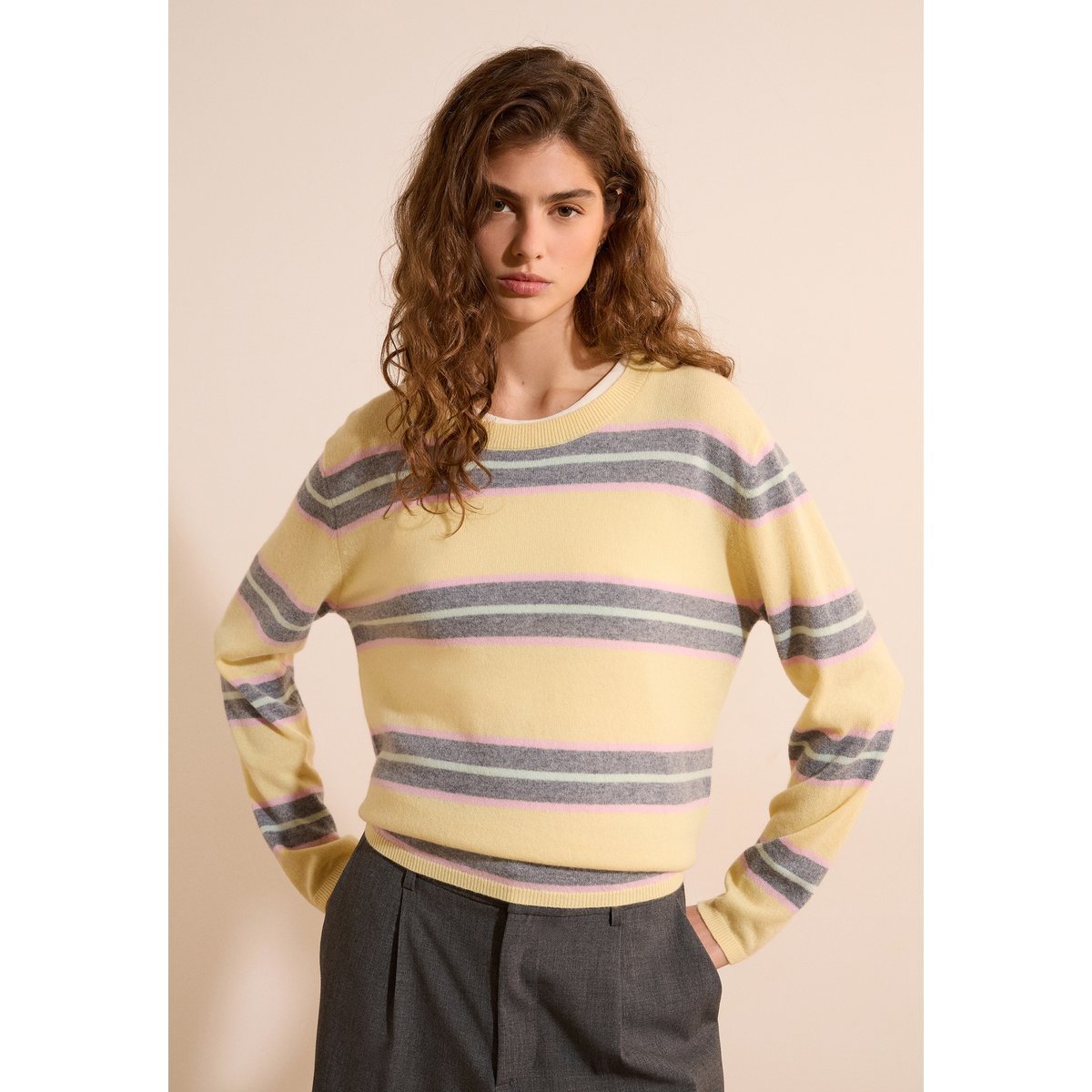 Pull col rond rayé 100% cachemire SIMONETTA RAYE jaune pale, ETAM
