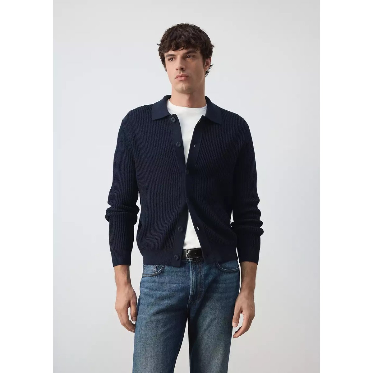 Cardigan tricot texturé bleu marine, MANGO MAN