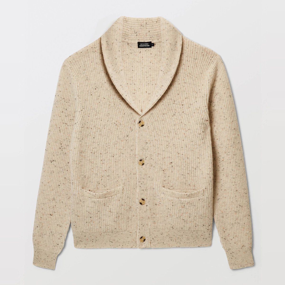 Gilet col châle en laine pleurote, MONOPRIX