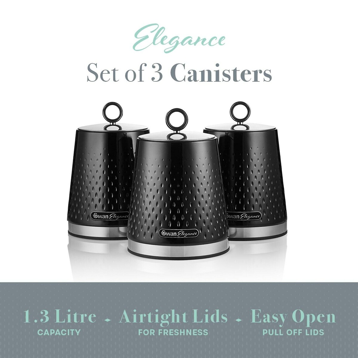 Set of 3 Elegance Tea Coffee Sugar Canisters black, SWAN
