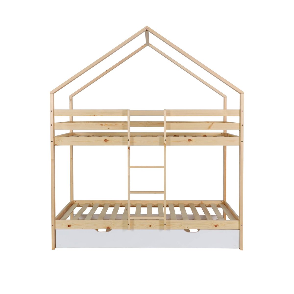 Lit enfant superposé cabane 90 x 190 cm pin naturel avec lit tiroir ROYA blanc, SWEEEK