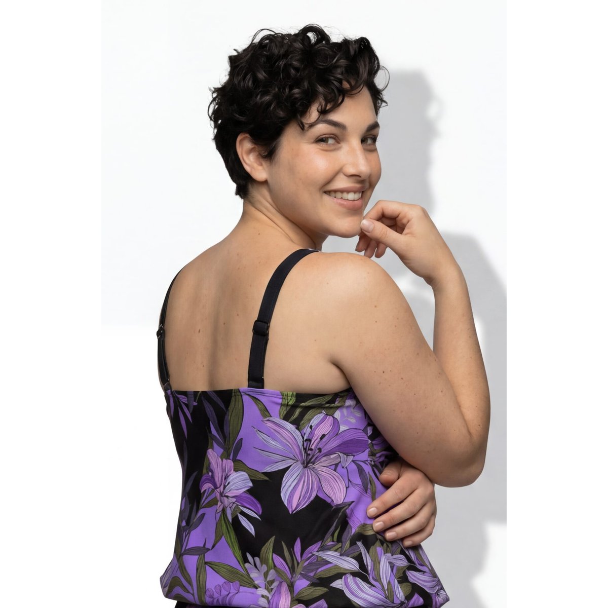 Tankini motif lys, bonnets souples noir, ULLA POPKEN