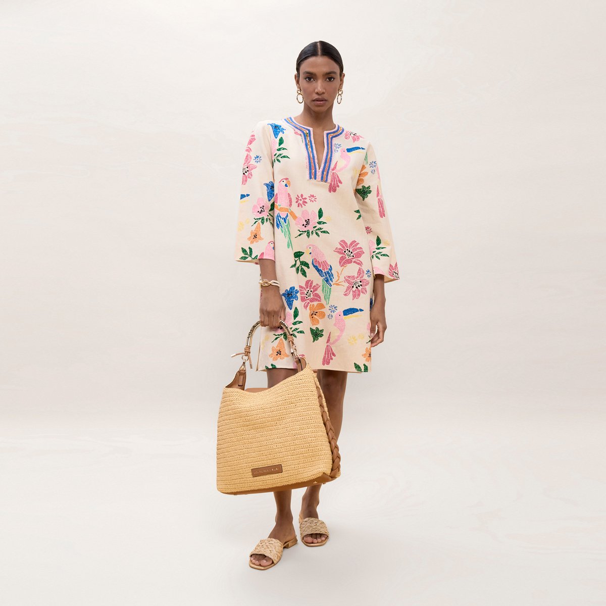Robe longue en lin mélangé à col halter imprimée ecru, LOLA CASADEMUNT