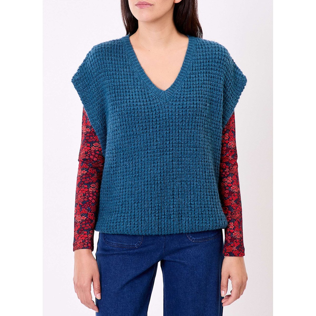 Pull sans manches maille fantaisie PASCALE bleu, PRINCESSE NOMADE