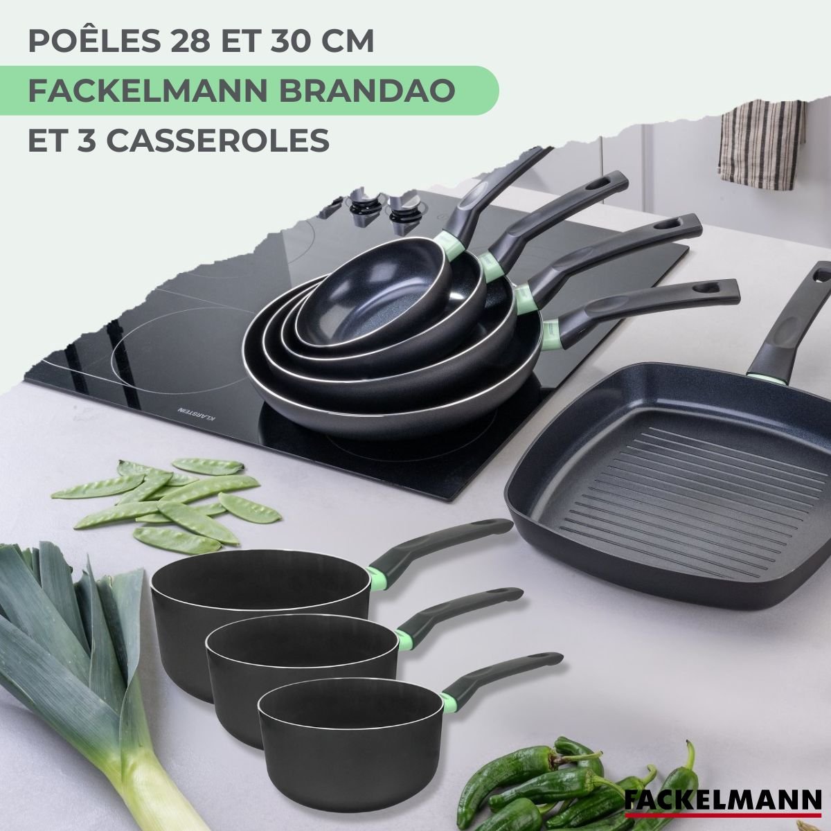 Batterie 2 poêles 28/30cm + 3 casseroles 16/18/20cm BRANDAO noir|vert, FACKELMANN