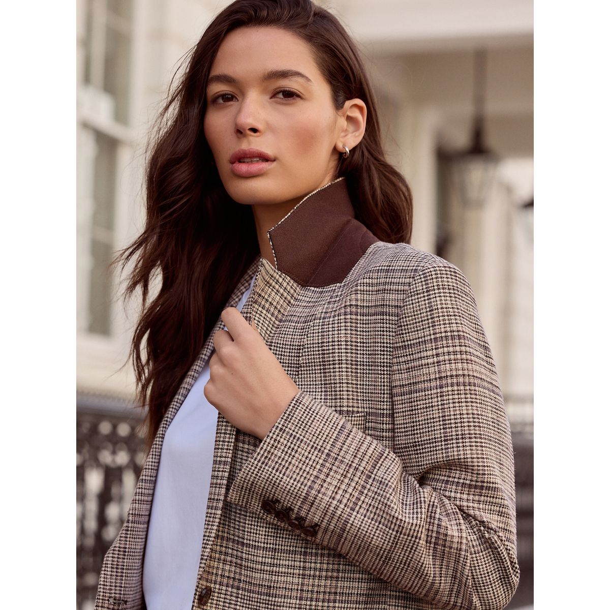 Blazer à carreaux en lin boutonnage croisé marron, NEXT