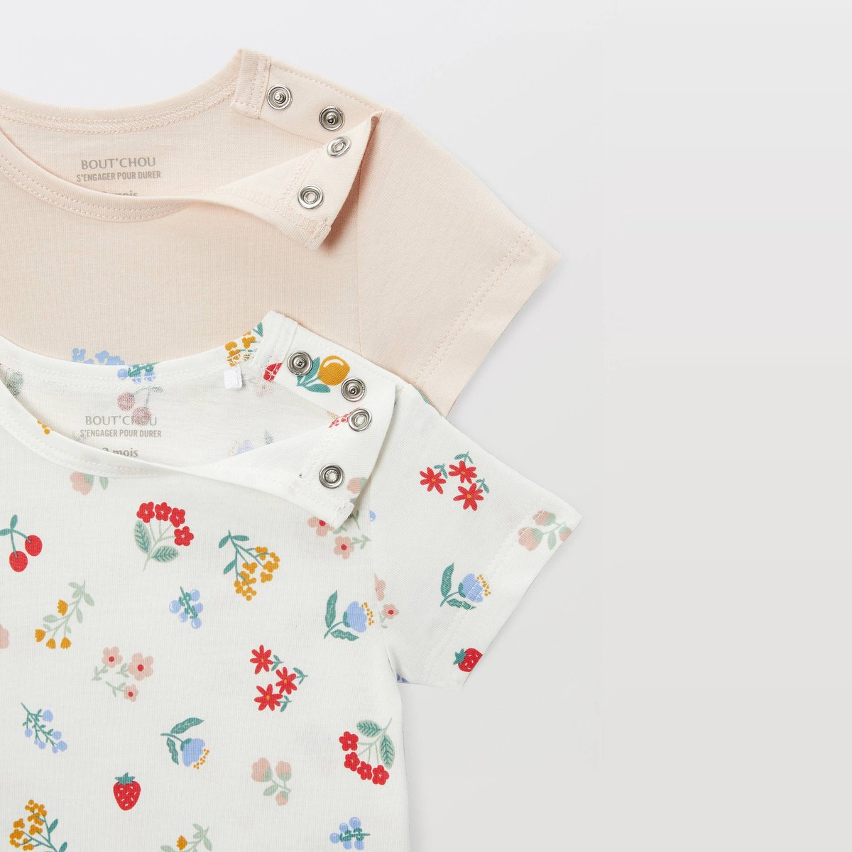 Lot de 2 combinaisons courtes imprimées en coton BIO GOTS rosee, BOUT'CHOU