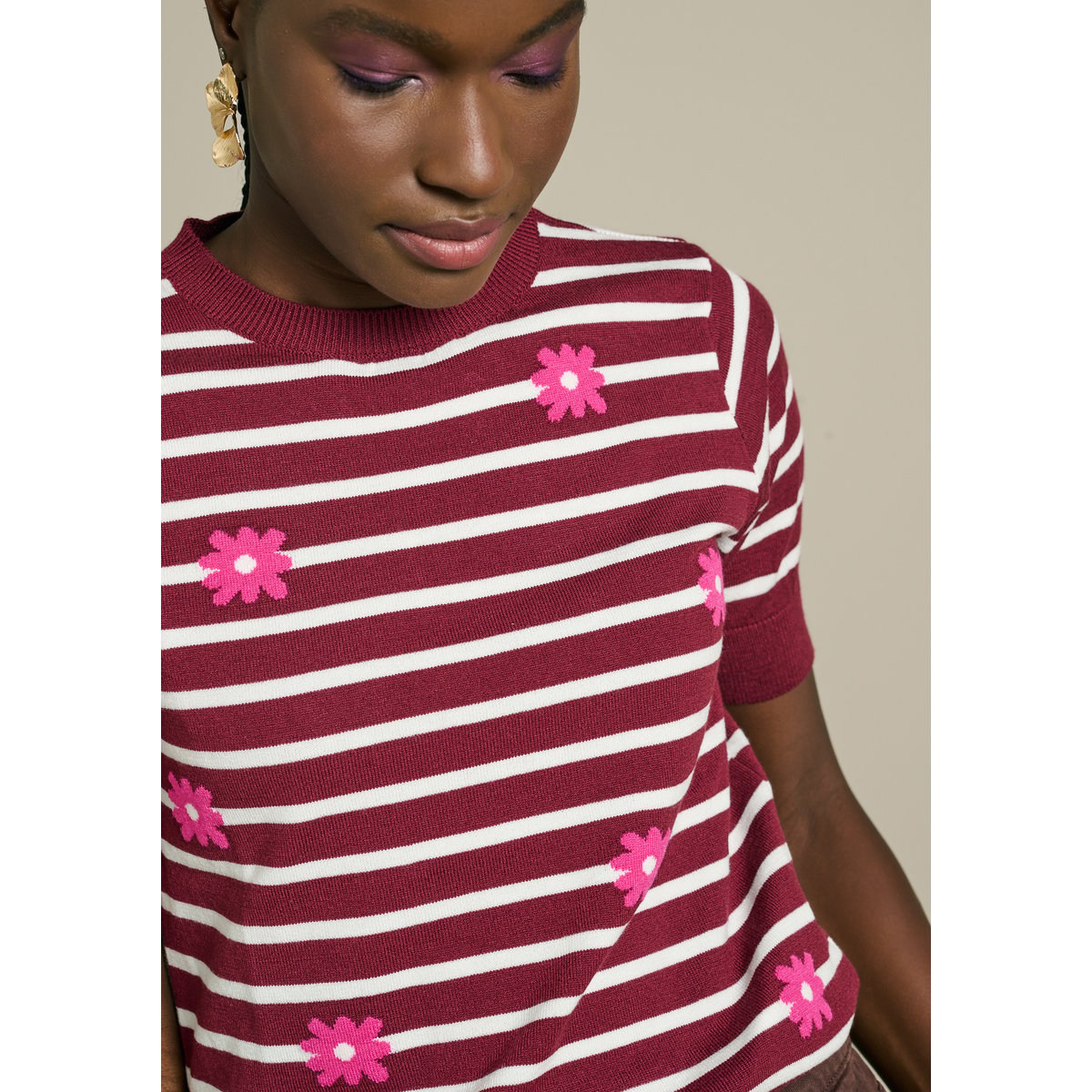 Pull rayé fleuri bordeau wine, LOLALIZA