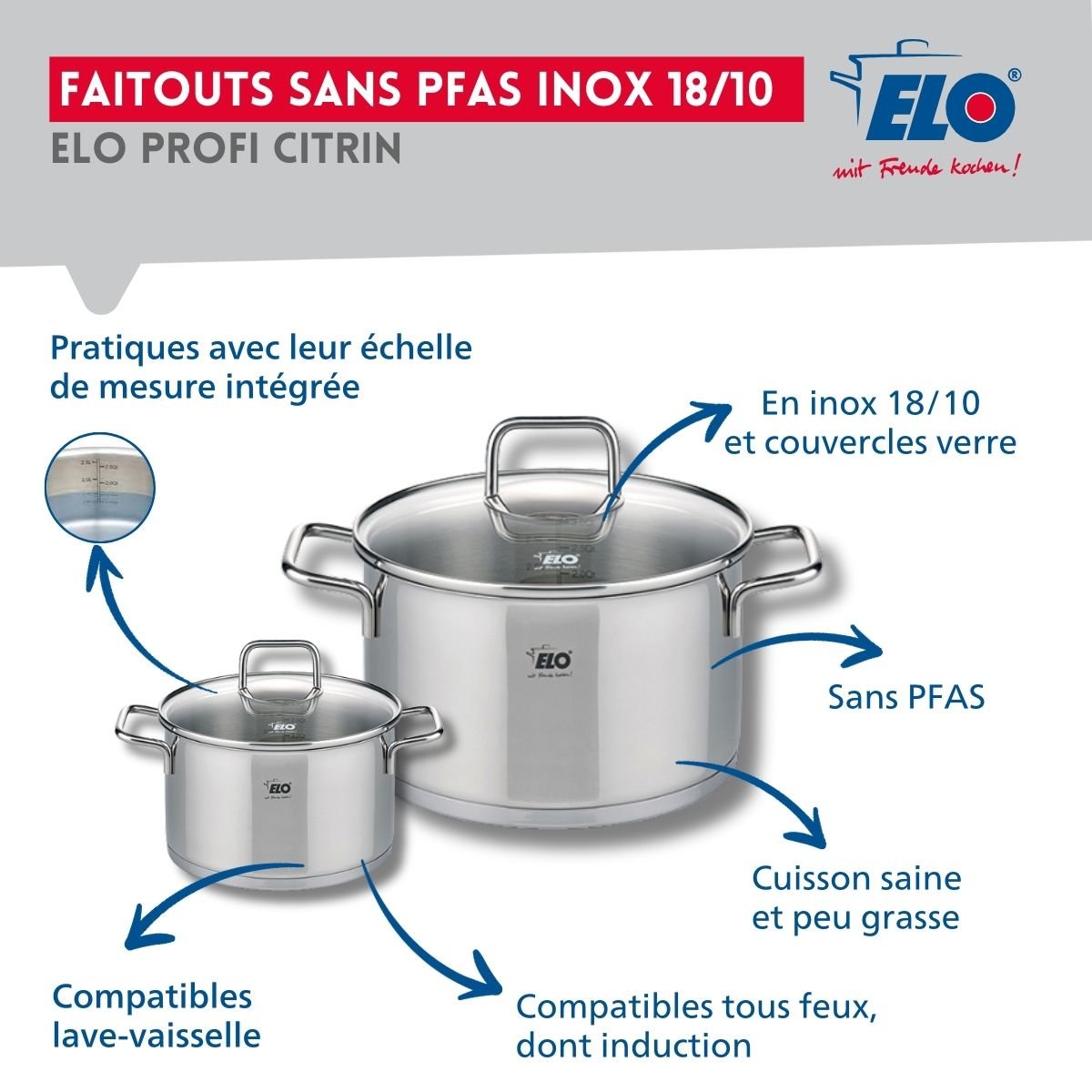 Batterie 2 poêles 24/32cm + 2 faitouts 12/20cm PROFI CITRIN gris, ELO