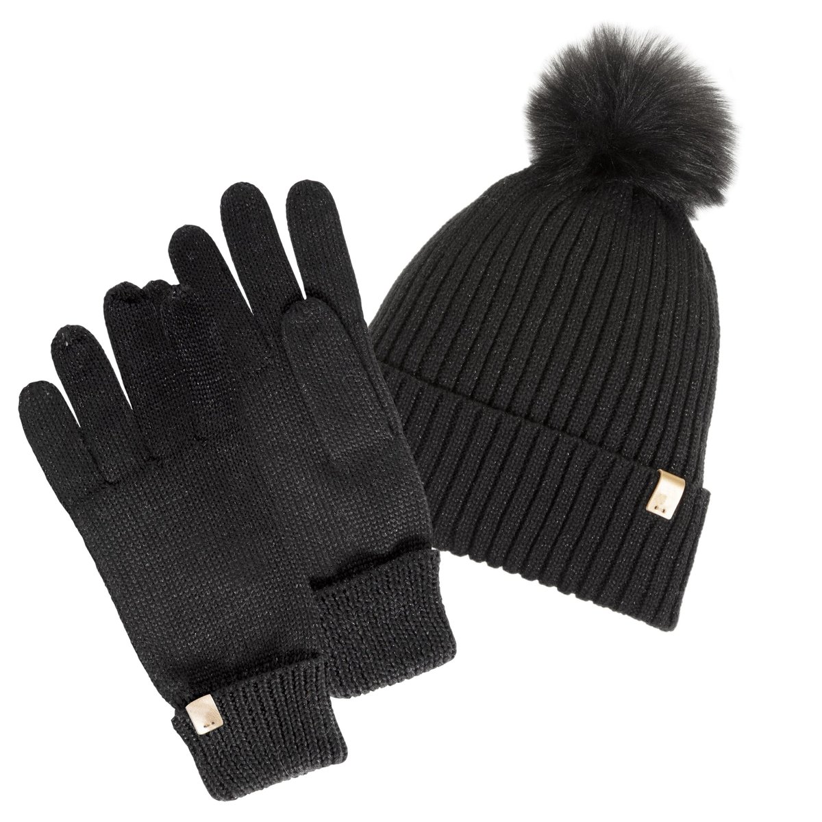 Bonnet en maille recyclée, chaud, doublé polaire recyclé, pompom imitation fourrure noir, ISOTONER