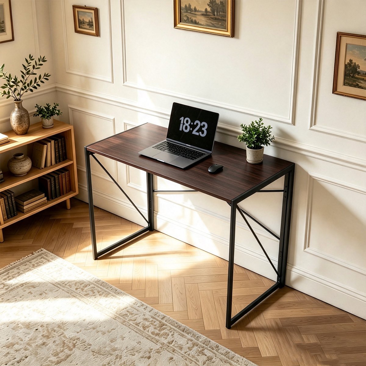 Bureau à piètement pliable industriel, HARPER noyer, MEUBLES COSY