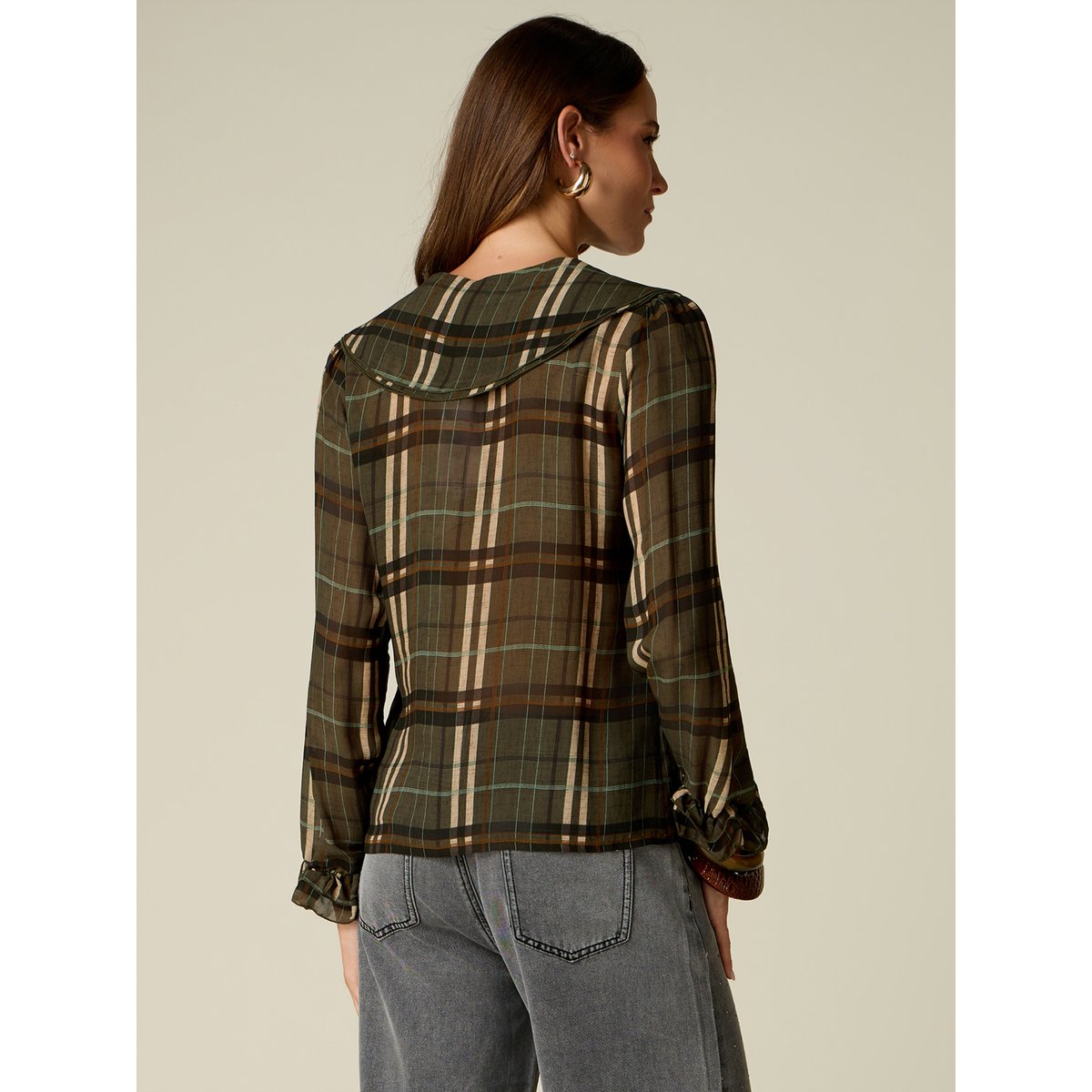 Blouse à carreaux avec volants verde militare, OLTRE