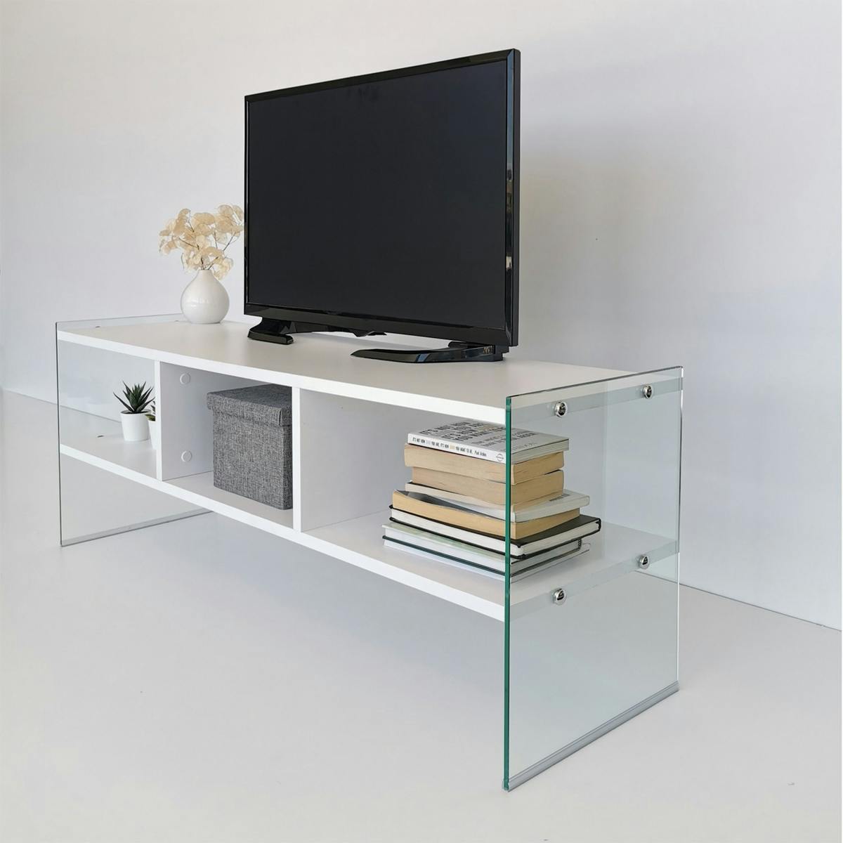 Meuble TV design 2 niveaux pieds verre SALTA blanc, PIER IMPORT