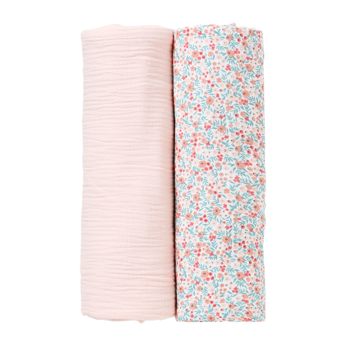 Lot de 2 langes d'emmaillotage rose/fleurs, VERTBAUDET