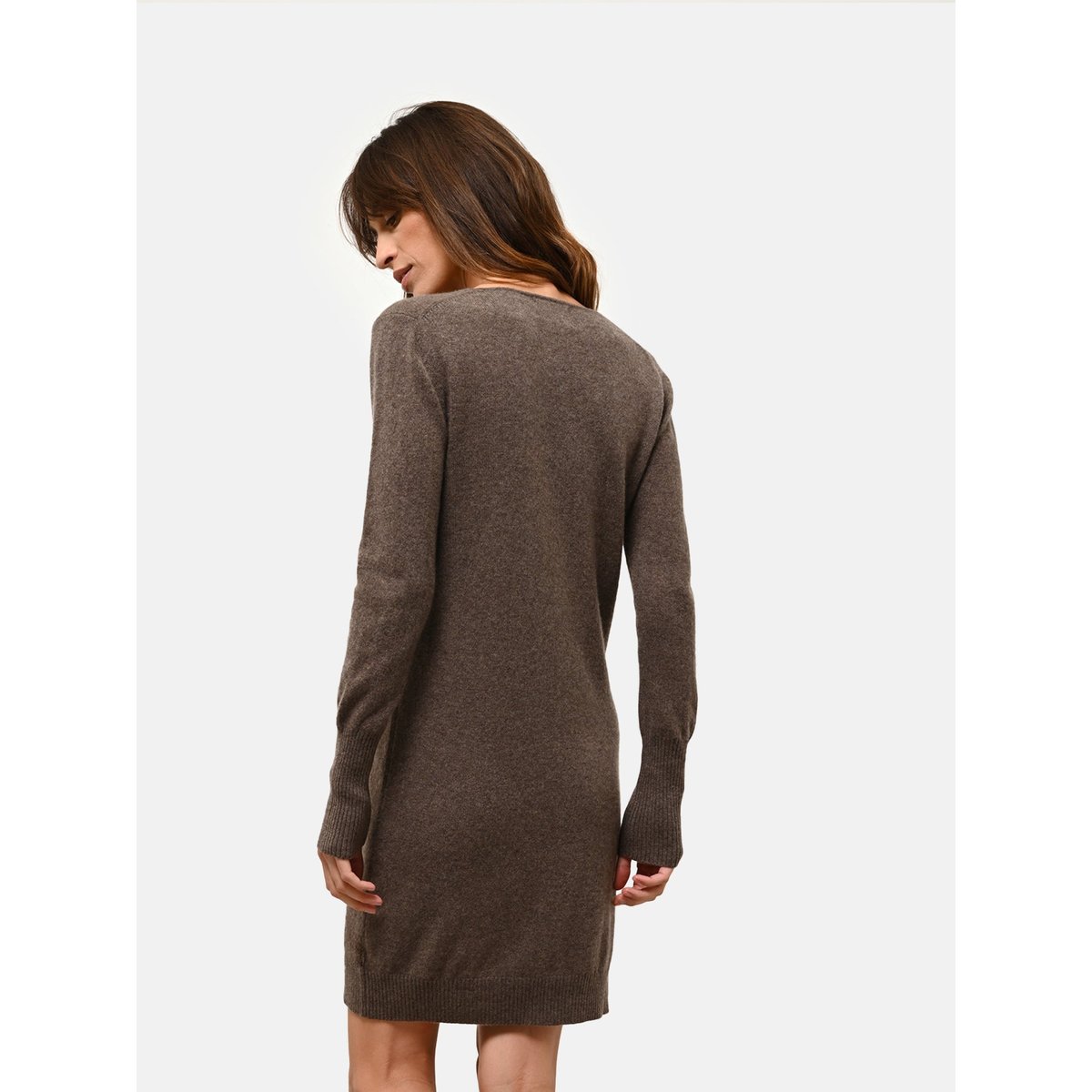 Robe Col V Sable Tracy marron, JUST CASHMERE