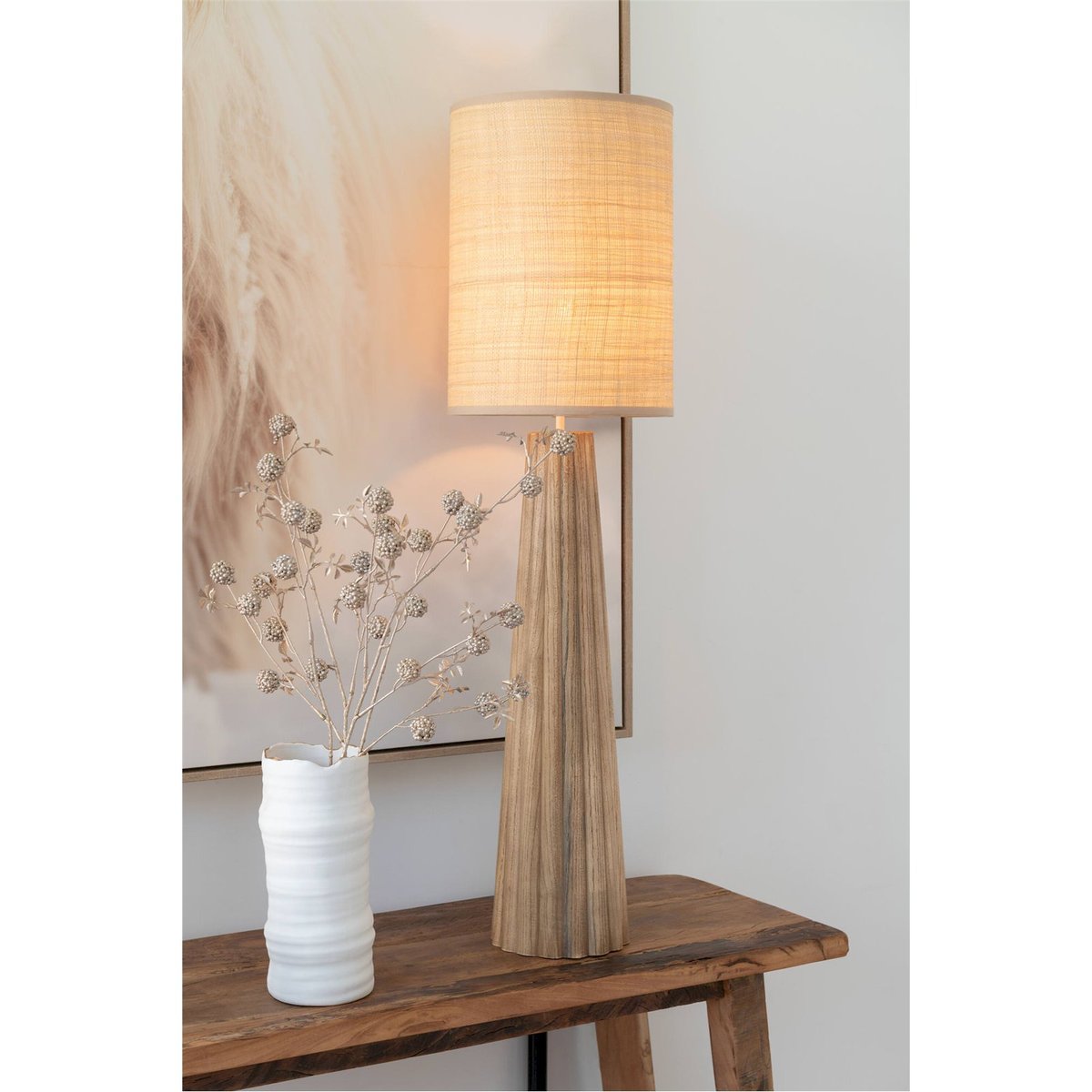 Lampe de salon en bois forme ronde bois naturel clair et beige, RECOLLECTION