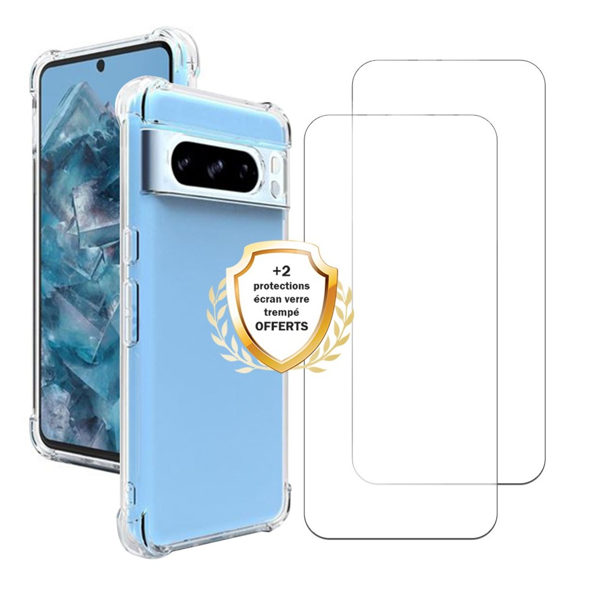 Coque Pixel 8 Pro antichoc + 2 vitres transparent, EVETANE