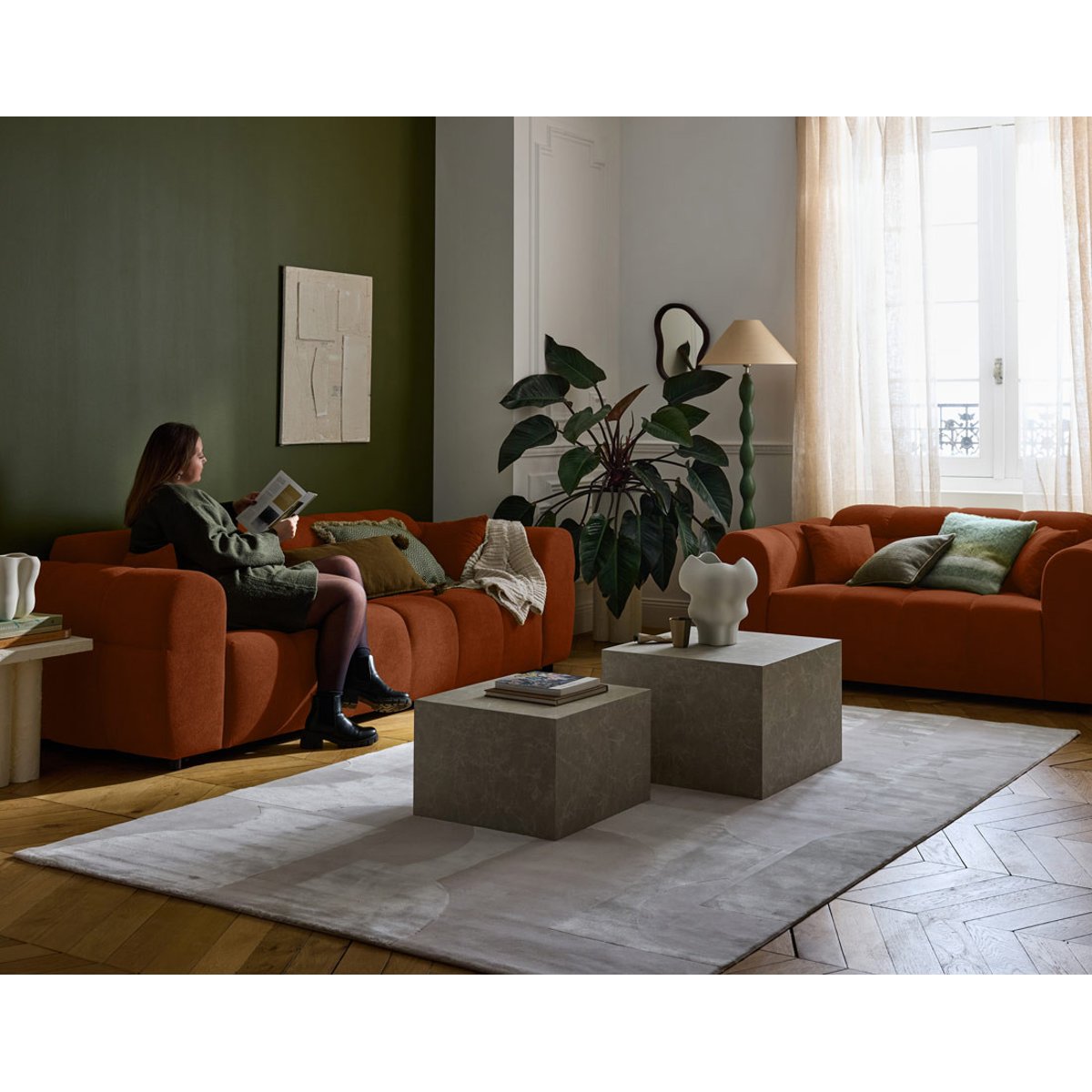 Canapé droit 3 places en tissu texturé, RAY rouille, BEST MOBILIER