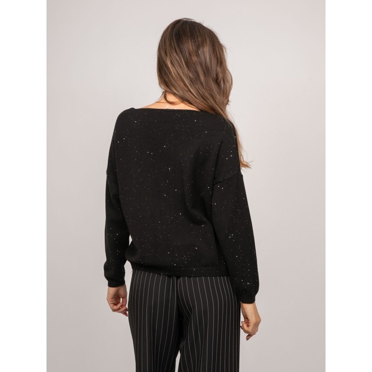 Pull Maille Fine Col V Paillettes Koraka noir, DONA LISA