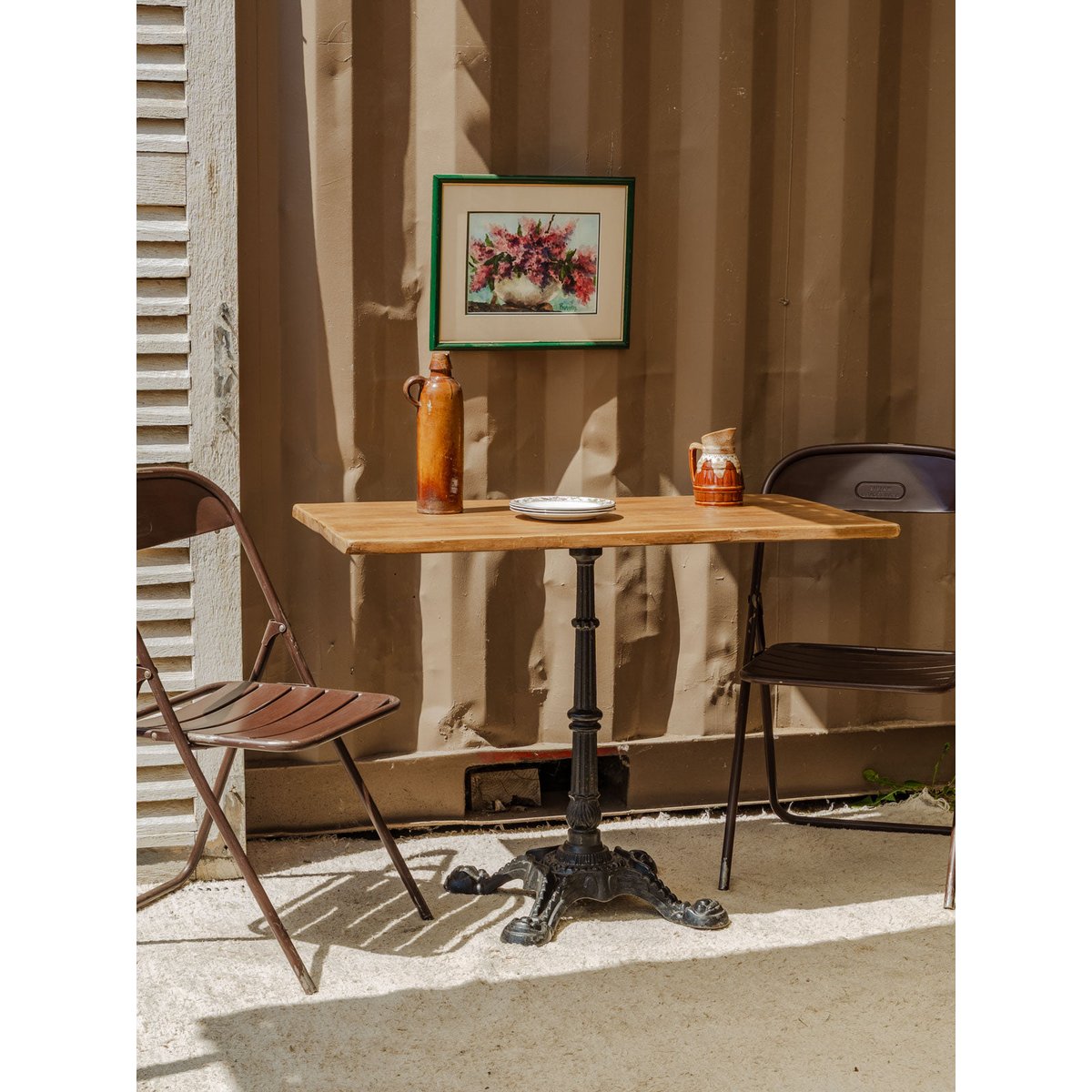 Table à manger bistro en bois et métal noir Denise N°1169 - Bon état bois clair, DEBONGOUT