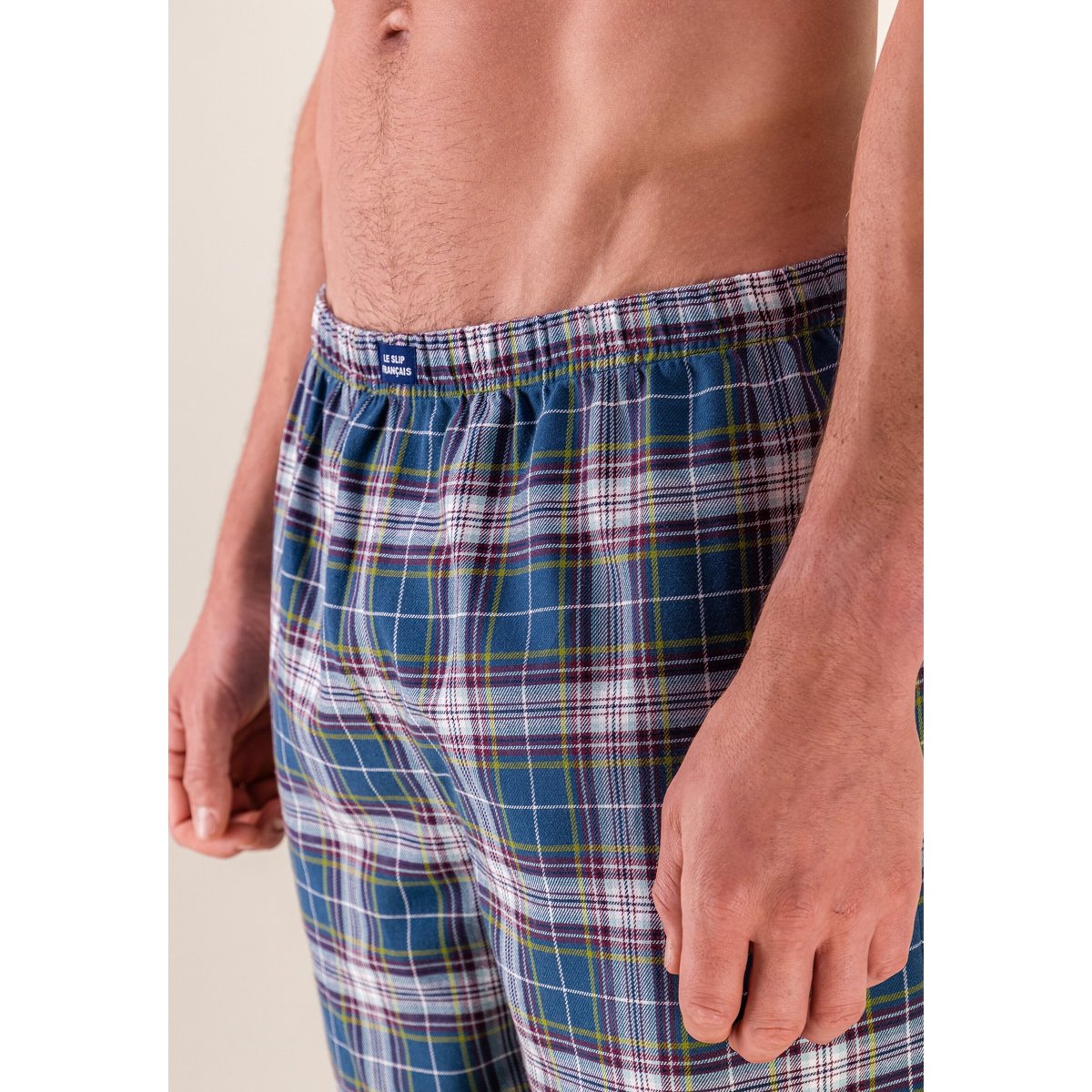Caleçon mi-long à motif tartan bleu canard en coton Jacob tartan bleu canard, LE SLIP FRANCAIS