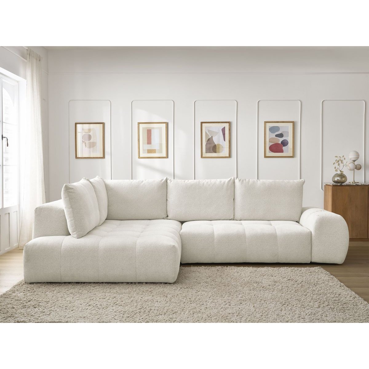 Canapé d'angle convertible 3 places en tissu chiné, EVEREST blanc, BOBOCHIC