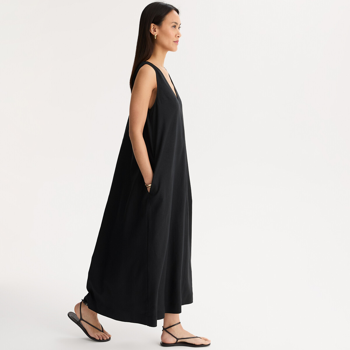 Robe sans manches longueur midi en lin et viscose noir, ANNE WEYBURN