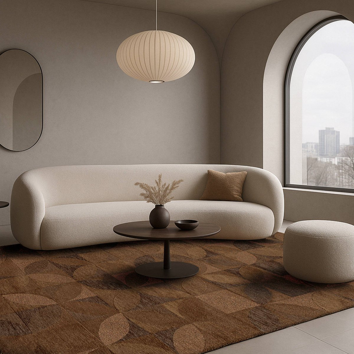 Tapis rectangulaire int. extérieur, RONDO marron ambre aux nuances beige et gris, RECOLLECTION