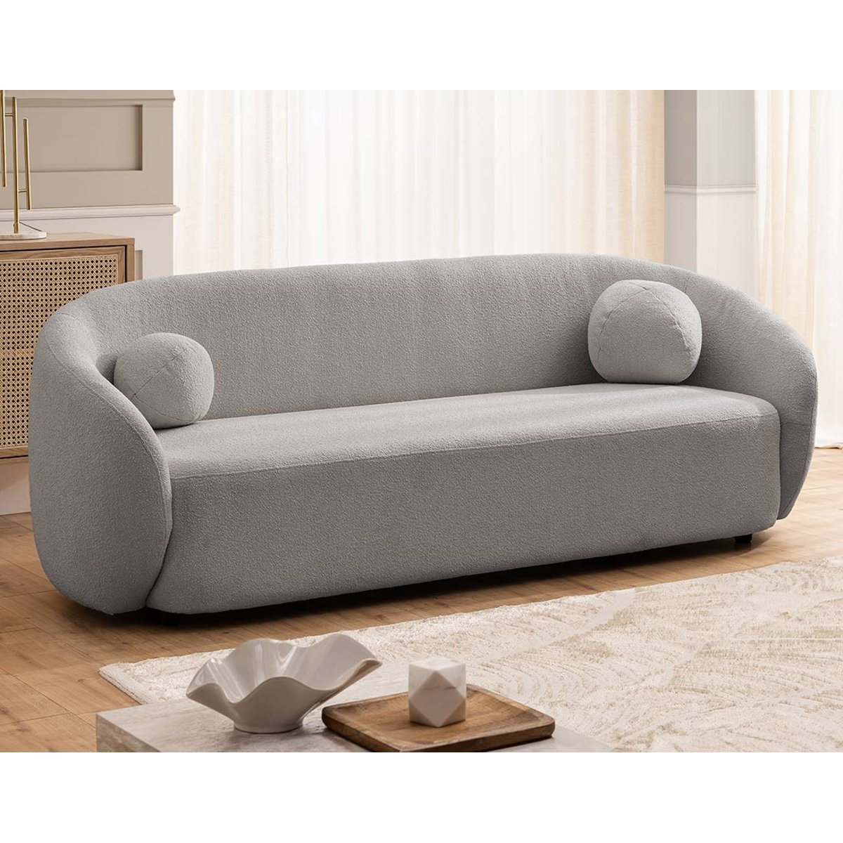 Flore - Canapé droit 3 places en tissu bouclette gris, BEST MOBILIER