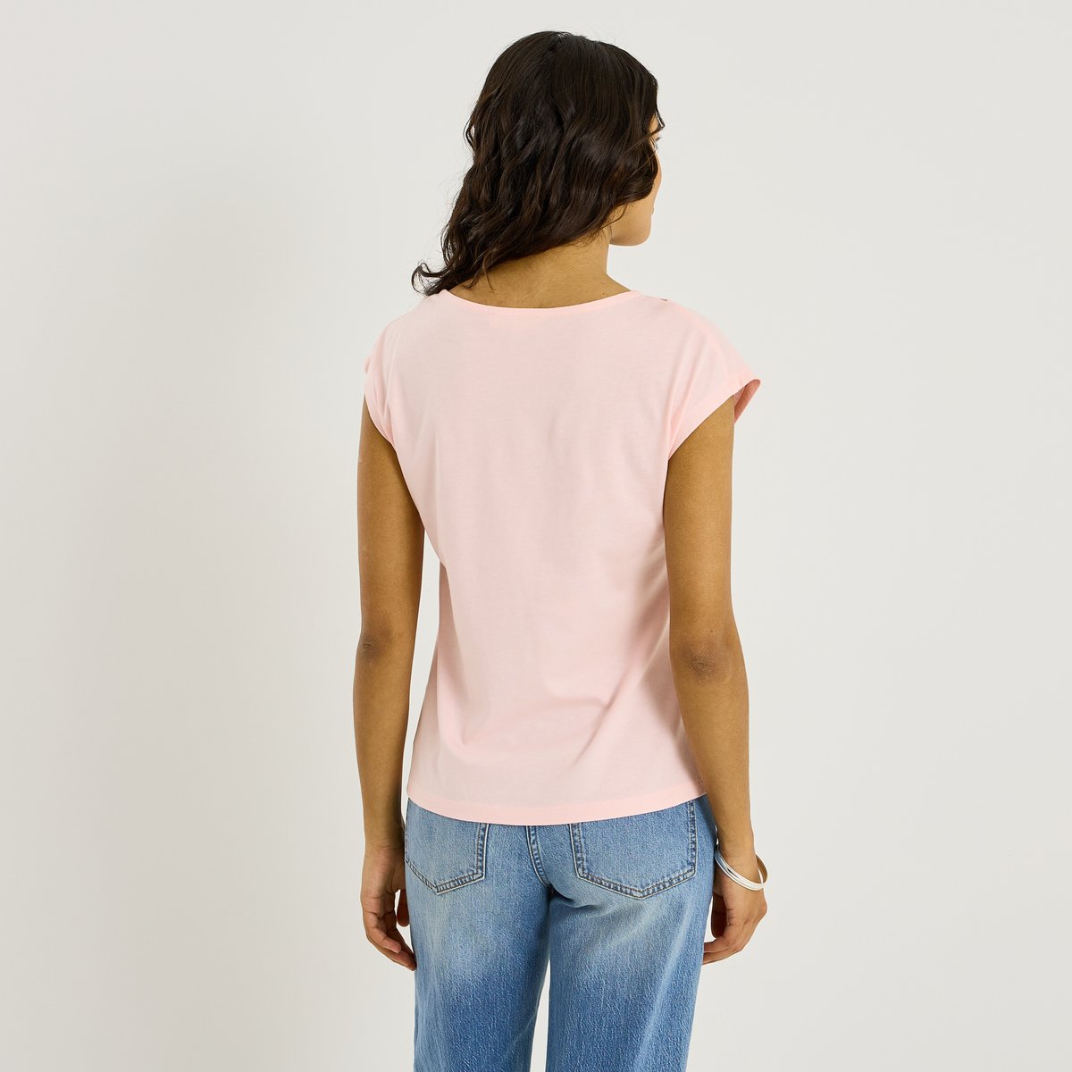 T-shirt uni col V ajouré rose, GRAIN DE MALICE