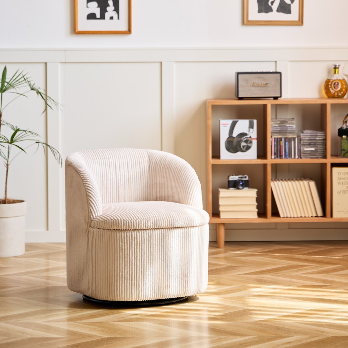 Fauteuil pivotant et pouf, tissu, HALMSTAD beige, NORDLYS
