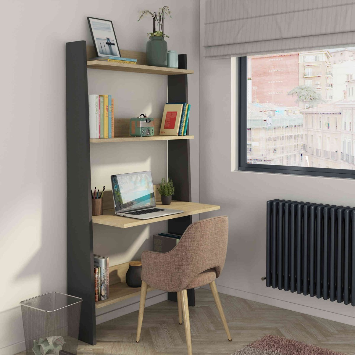 Bibliothèque 3 étagères avec bureau bois clair, TERRE DE NUIT