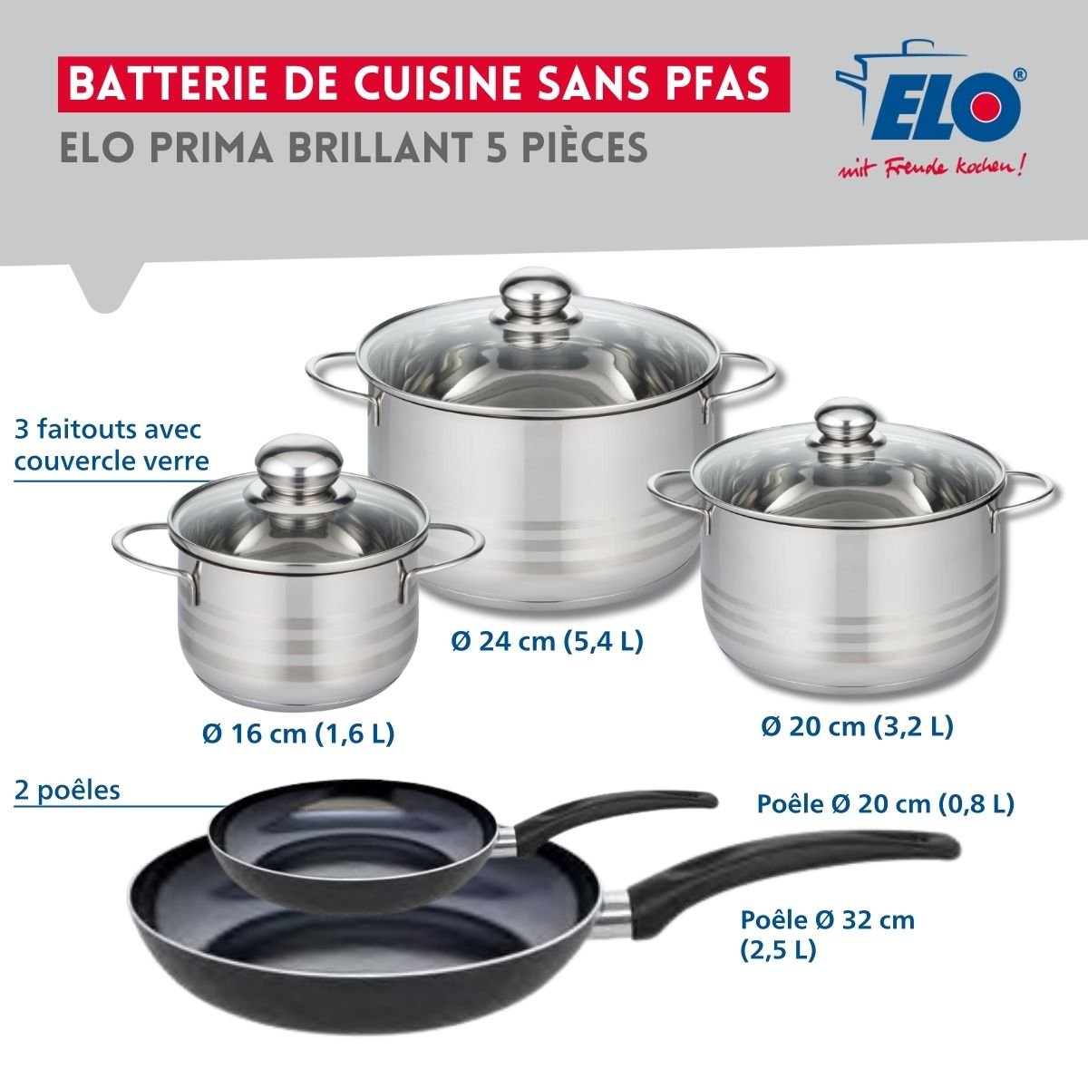 Batterie 2 poêles 20/32cm + 3 faitouts 16/20/24cm PRIMA BRILLANT noir, ELO