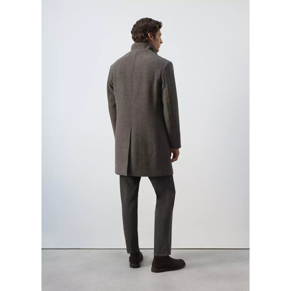 Manteau en mélange de laine à col cheminée marron moyen, MANGO MAN