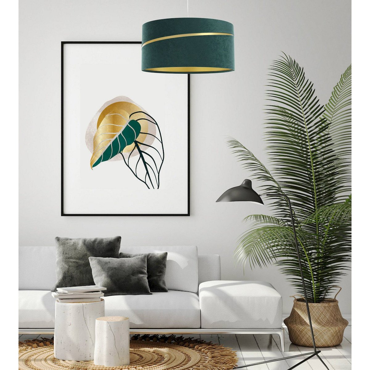 Suspension en tissu, SWING abat-jour en satin microfibre vert, liseret doré et intérieur doré, BPS KONCEPT