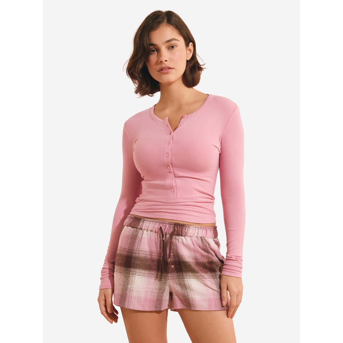 Short de pyjama à carreaux en coton HELINE rose poudre, ETAM